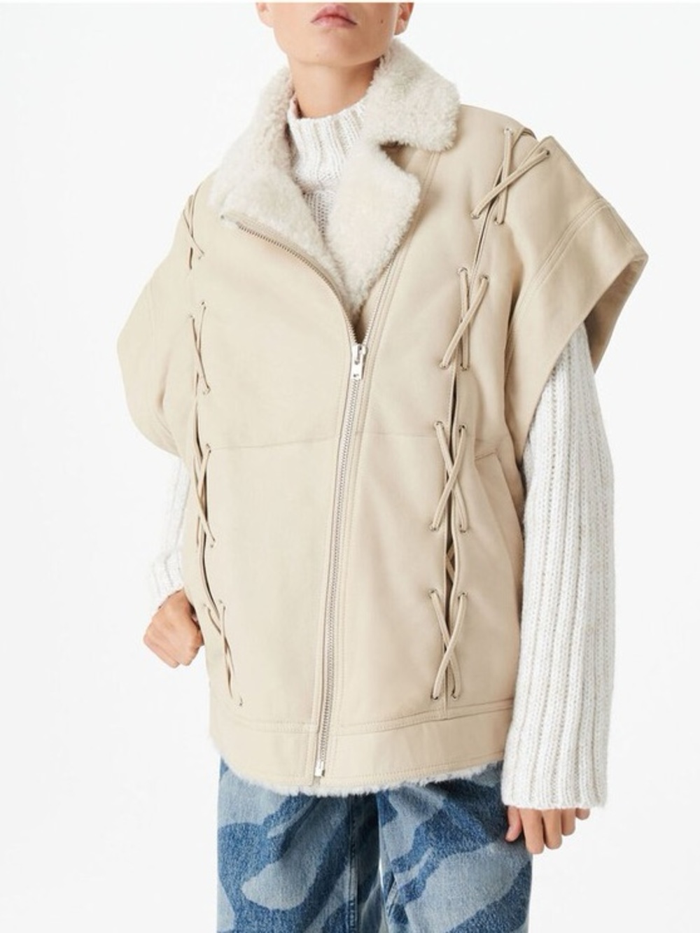 NWT IRO Paris Fjord Sheepskin Vest Fur Leather Lace Up Moto Sz 38